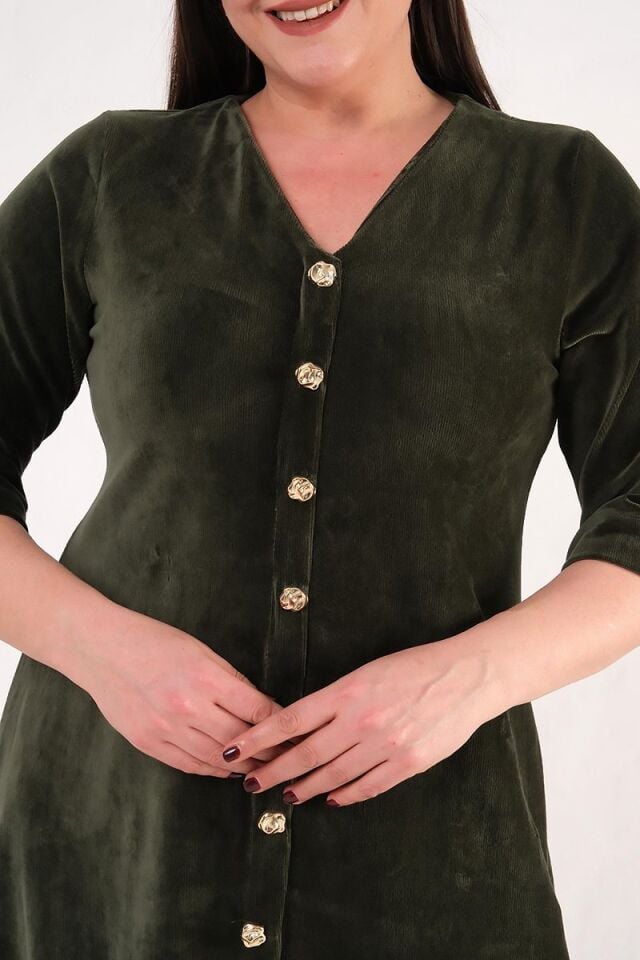 Ön Düğmeli Fitilli Haki Midi Boy Elbise Fakir Kol Premium Kalite