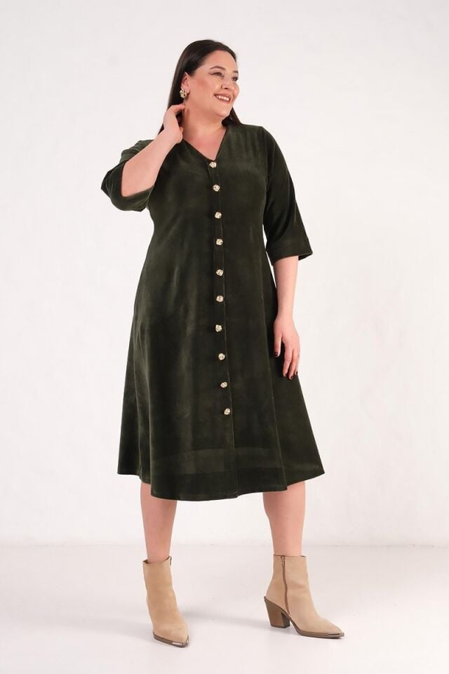 Ön Düğmeli Fitilli Haki Midi Boy Elbise Fakir Kol Premium Kalite
