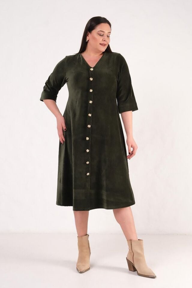 Ön Düğmeli Fitilli Haki Midi Boy Elbise Fakir Kol Premium Kalite