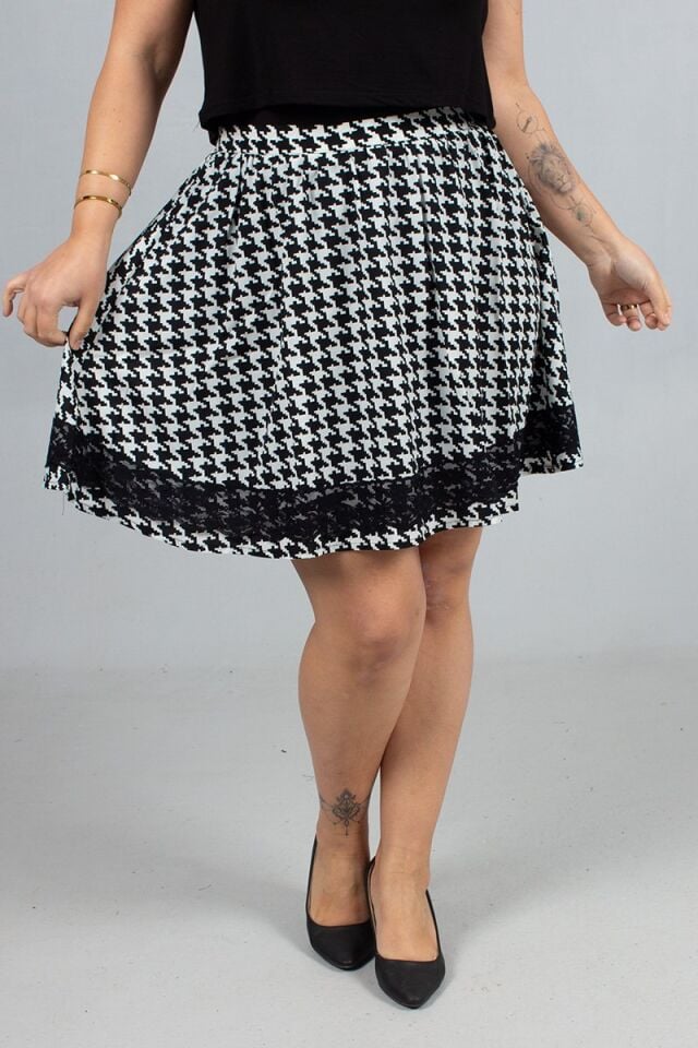 Büyük Beden Pöti Kareli Dantel Detaylı Şifon Astarlı Etek