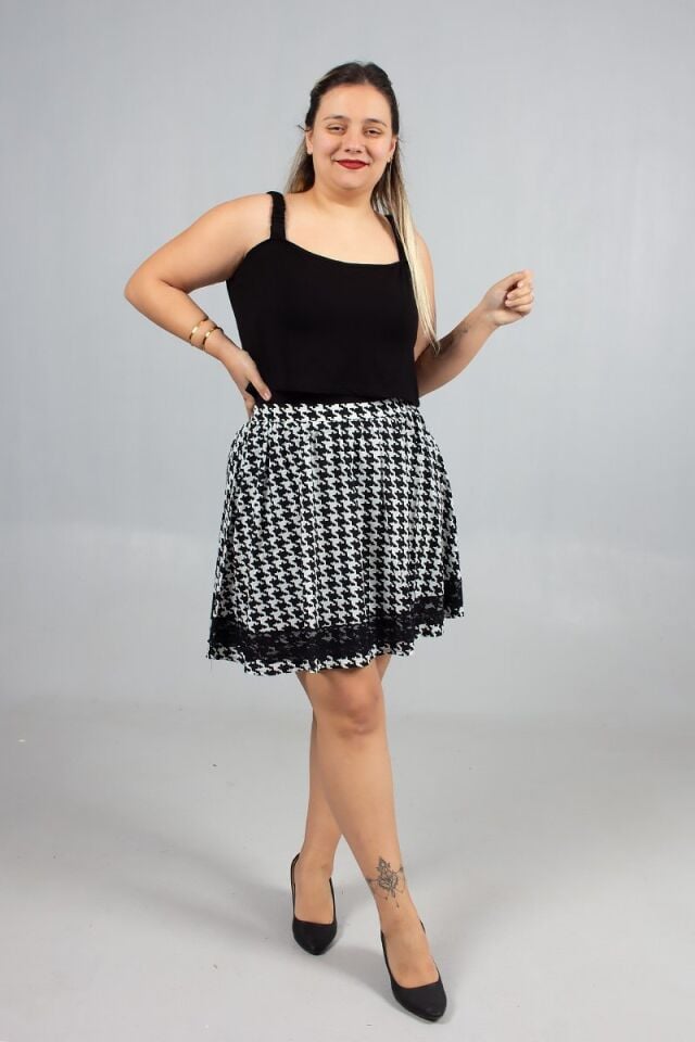 Büyük Beden Pöti Kareli Dantel Detaylı Şifon Astarlı Etek