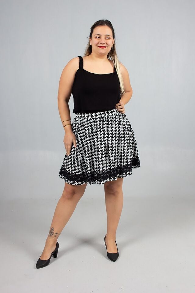 Büyük Beden Pöti Kareli Dantel Detaylı Şifon Astarlı Etek