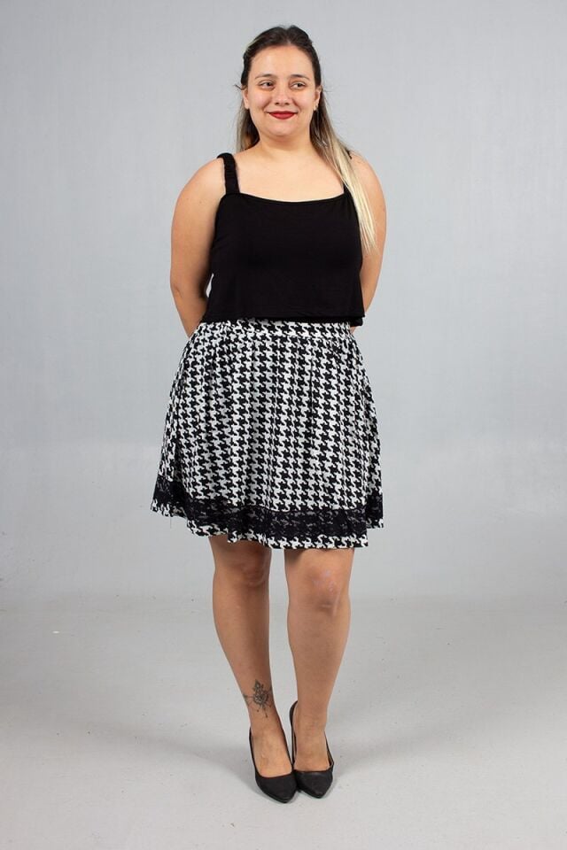 Büyük Beden Pöti Kareli Dantel Detaylı Şifon Astarlı Etek