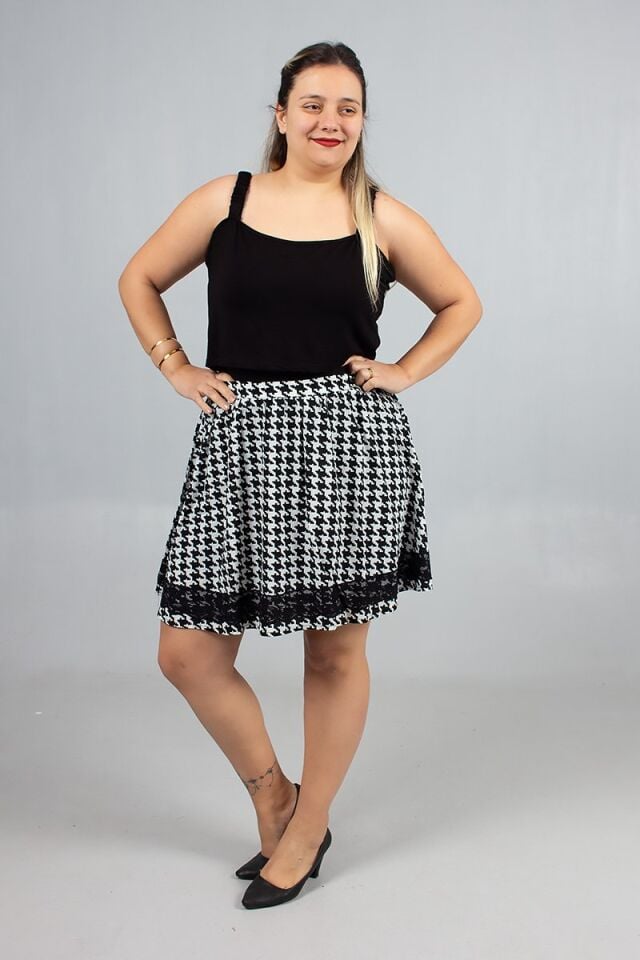 Büyük Beden Pöti Kareli Dantel Detaylı Şifon Astarlı Etek