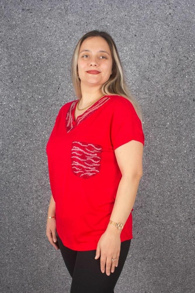 Büyük Beden Yaka Ve Cep detayı Taş İşlemeli Bluz Renkli B083