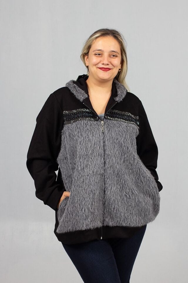 Büyük Beden Ön Kürk ve Taş İşlemeli Kapşonlu Mont