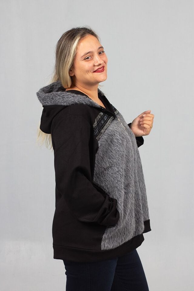 Büyük Beden Ön Kürk ve Taş İşlemeli Kapşonlu Mont