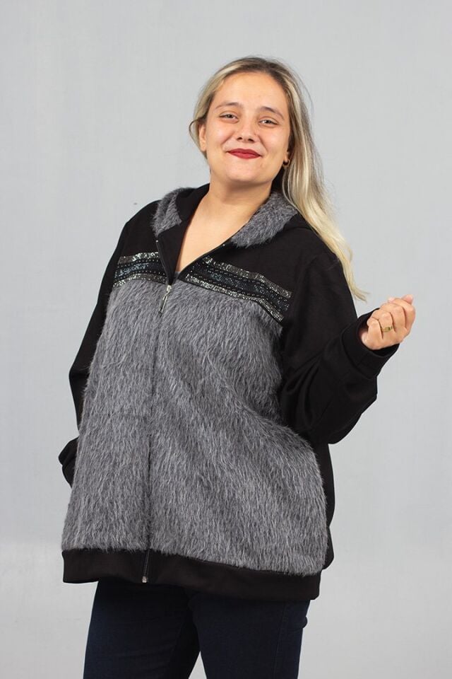 Büyük Beden Ön Kürk ve Taş İşlemeli Kapşonlu Mont