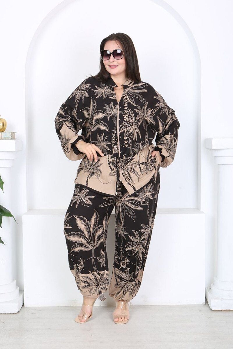 Fermuarlı Körüklü Ceket Paçası Lastikli Pantolon TakımDesenli Rahat Kesim Günlük Şık Kombin