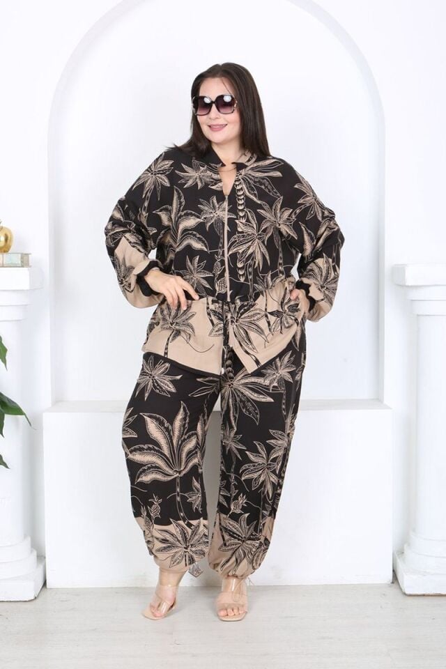 Fermuarlı Körüklü Ceket Paçası Lastikli Pantolon TakımDesenli Rahat Kesim Günlük Şık Kombin