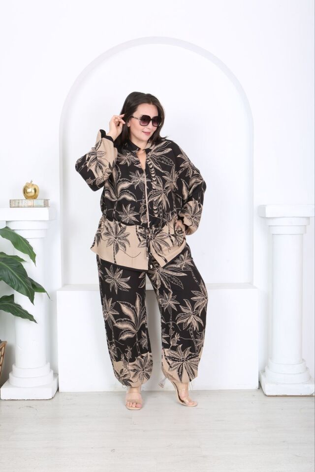 Fermuarlı Körüklü Ceket Paçası Lastikli Pantolon TakımDesenli Rahat Kesim Günlük Şık Kombin