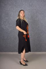 Büyük Beden Otantik Nakış İşlemeli Keten Elbise Siyah Elb653