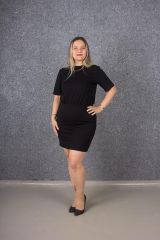 Büyük Beden Kısa Kol Belden Lastikli Elbise Siyah Elb649