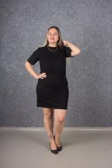 Büyük Beden Kısa Kol Belden Lastikli Elbise Siyah Elb649