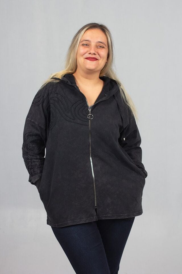 Büyük Beden 2 İplik Pamuk Yıkamalı Siyah Kapşonlu Sweat