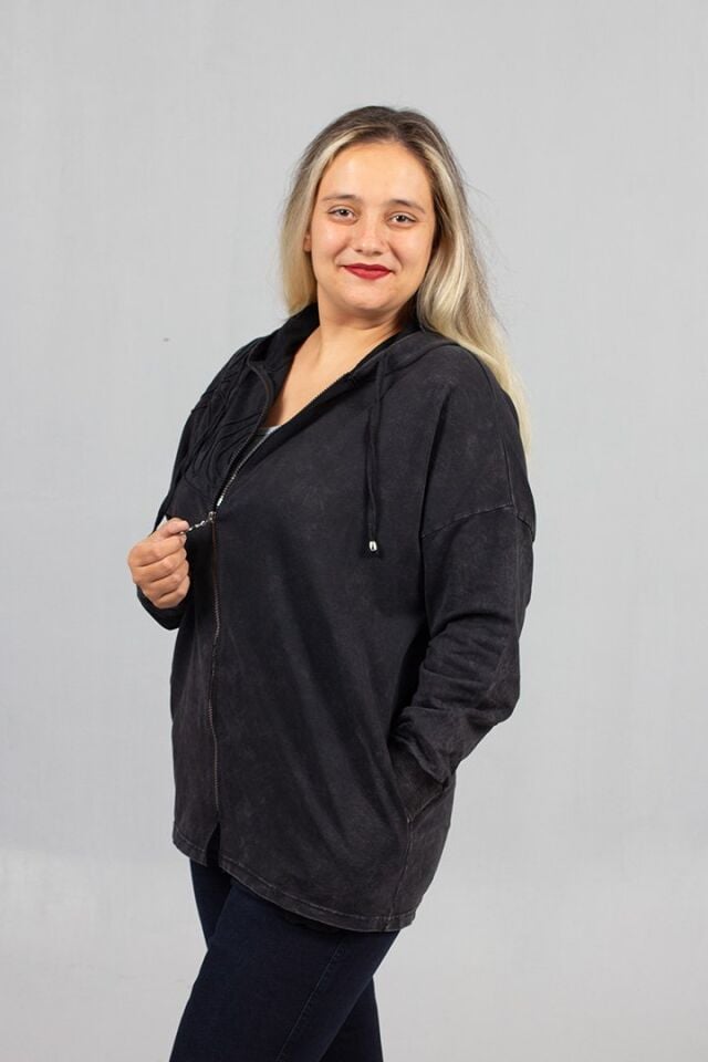 Büyük Beden 2 İplik Pamuk Yıkamalı Siyah Kapşonlu Sweat