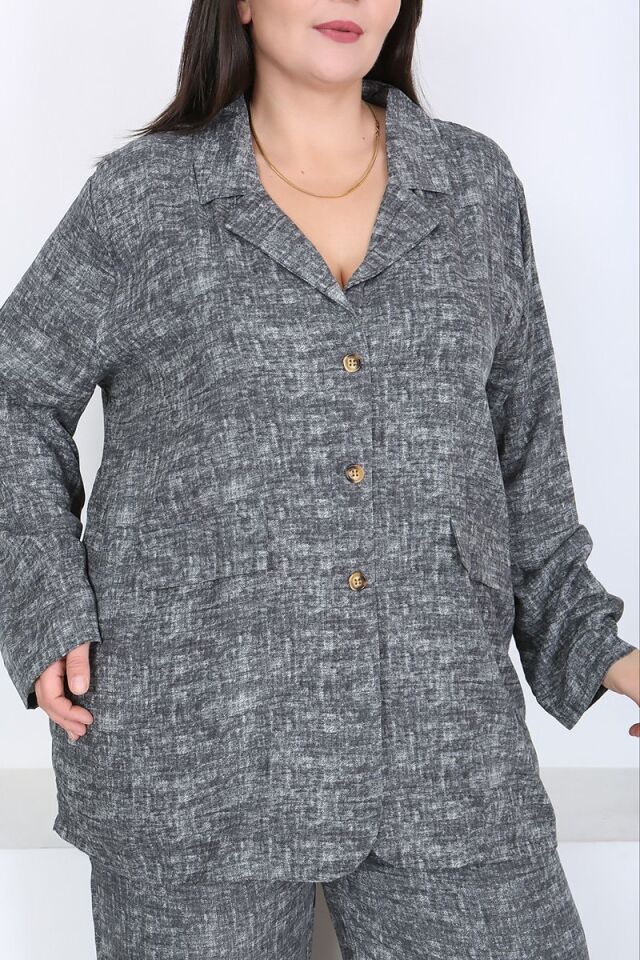 Büyük Beden Dokuma Viskon Ceket Pantolon Takım 46-56 Beden Arası Rahat Kalıp Gri Şık Kombin