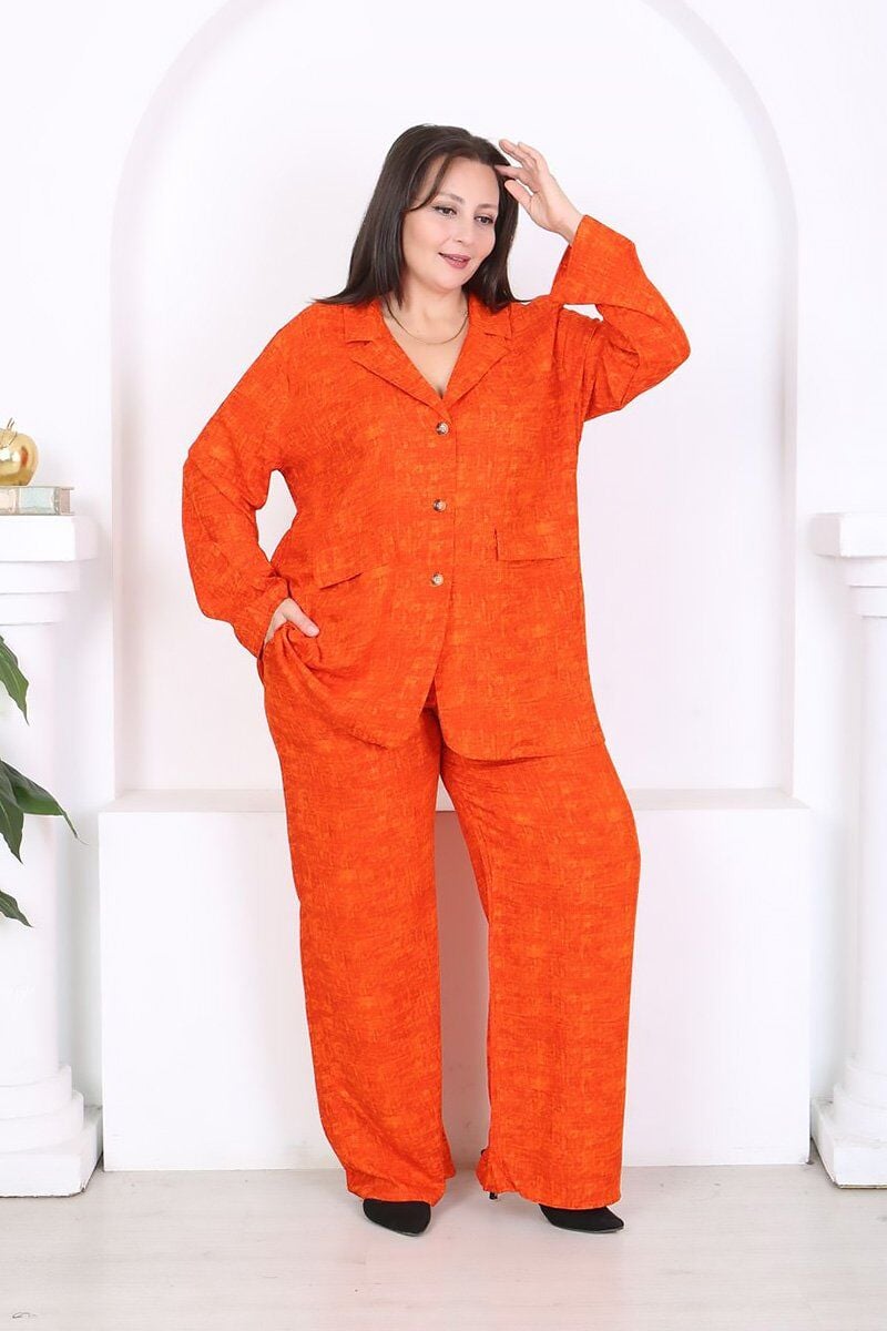 Büyük Beden Dokuma Viskon Ceket Pantolon Takım 46-56 Beden Arası Rahat Kalıp Turuncu Şık Kombin