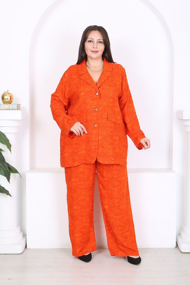 Büyük Beden Dokuma Viskon Ceket Pantolon Takım 46-56 Beden Arası Rahat Kalıp Turuncu Şık Kombin