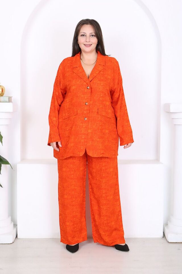 Büyük Beden Dokuma Viskon Ceket Pantolon Takım 46-56 Beden Arası Rahat Kalıp Turuncu Şık Kombin