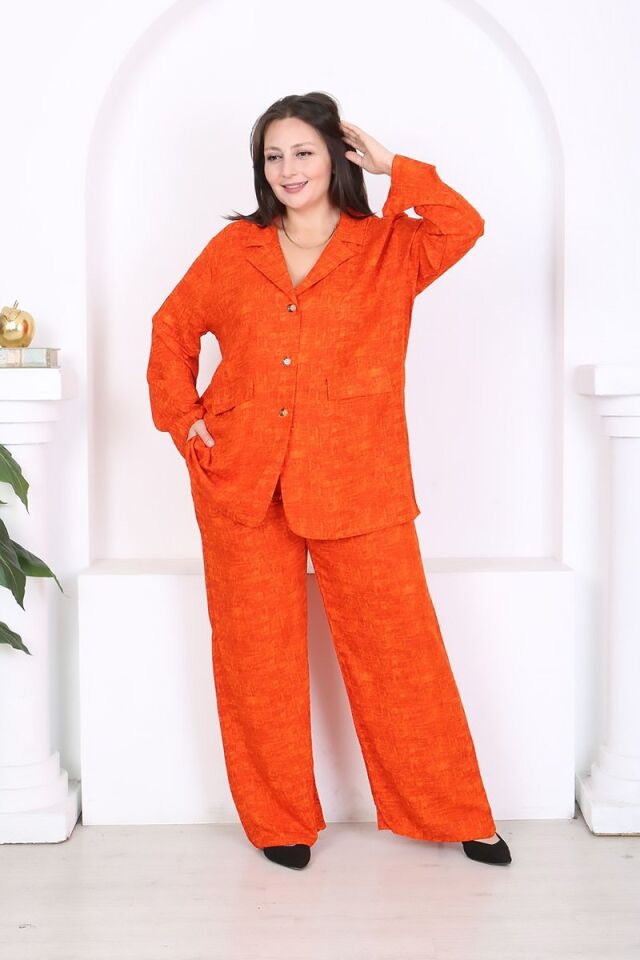 Büyük Beden Dokuma Viskon Ceket Pantolon Takım 46-56 Beden Arası Rahat Kalıp Turuncu Şık Kombin