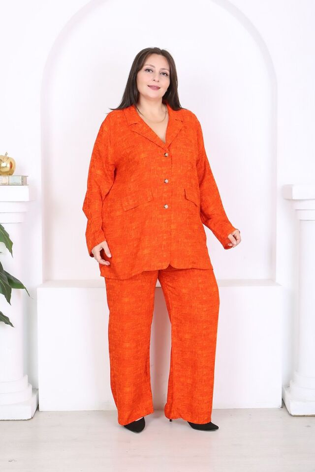 Büyük Beden Dokuma Viskon Ceket Pantolon Takım 46-56 Beden Arası Rahat Kalıp Turuncu Şık Kombin
