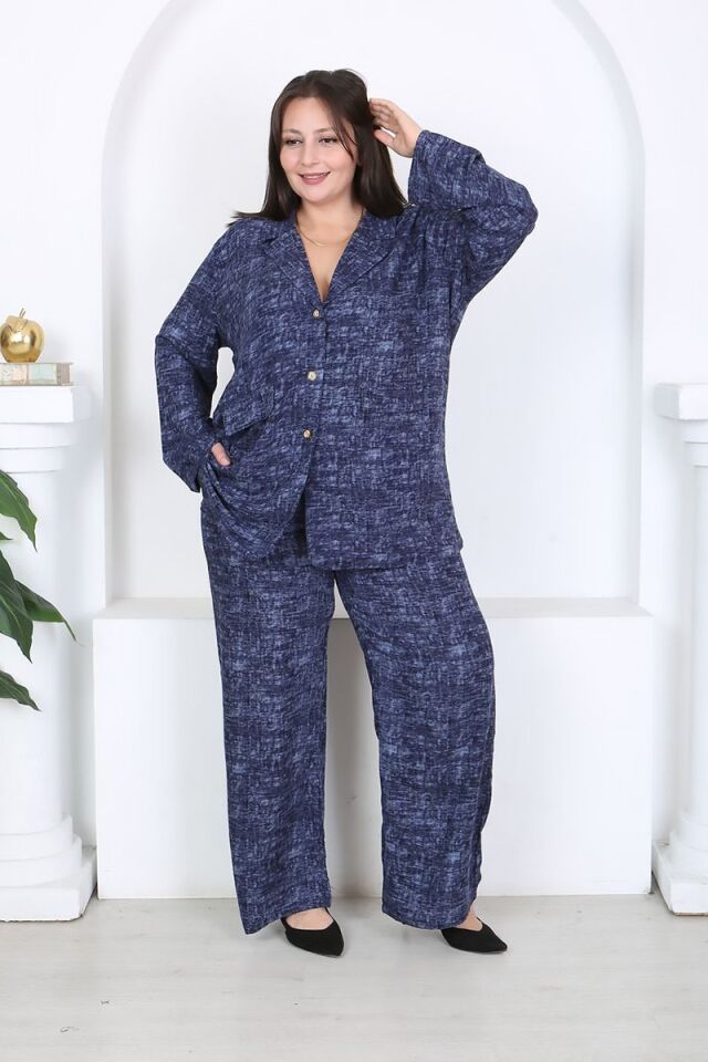 Büyük Beden Dokuma Viskon Ceket Pantolon Takım 46-56 Beden Arası Rahat Kalıp Mavi Şık Kombin