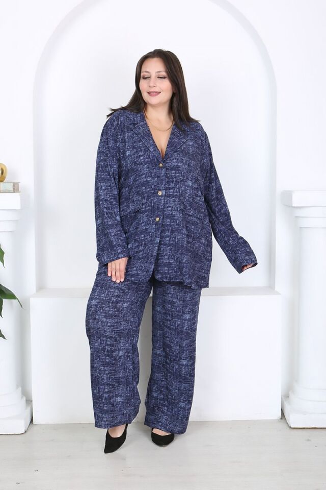 Büyük Beden Dokuma Viskon Ceket Pantolon Takım 46-56 Beden Arası Rahat Kalıp Mavi Şık Kombin