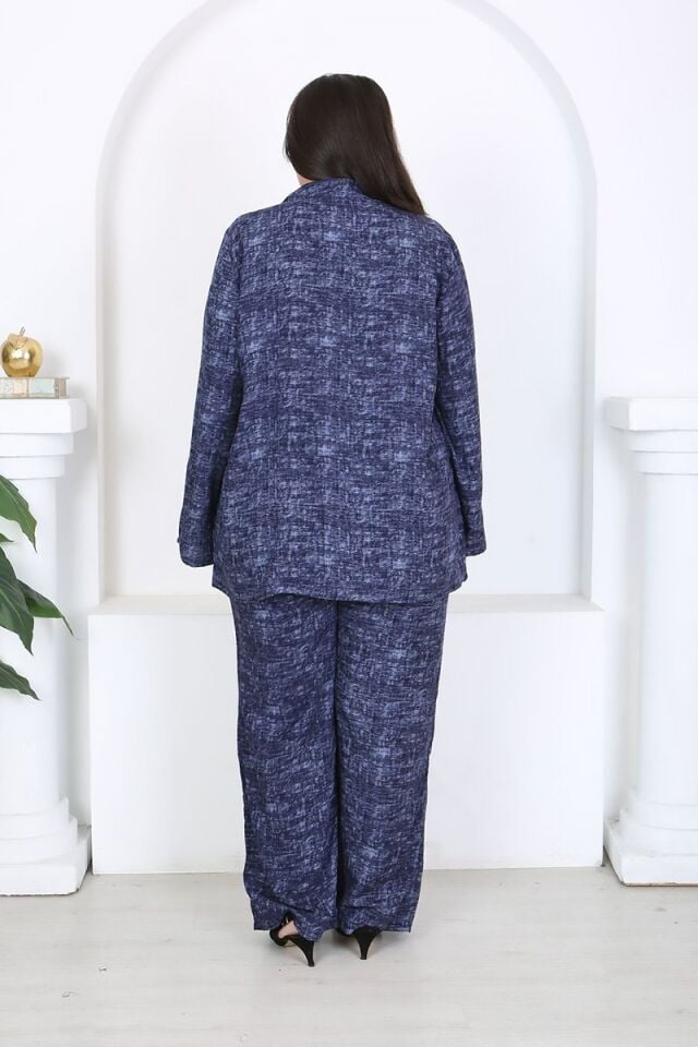 Büyük Beden Dokuma Viskon Ceket Pantolon Takım 46-56 Beden Arası Rahat Kalıp Mavi Şık Kombin
