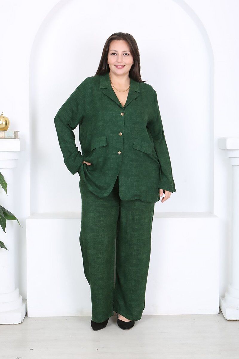 Büyük Beden Dokuma Viskon Ceket Pantolon Yeşil Takım