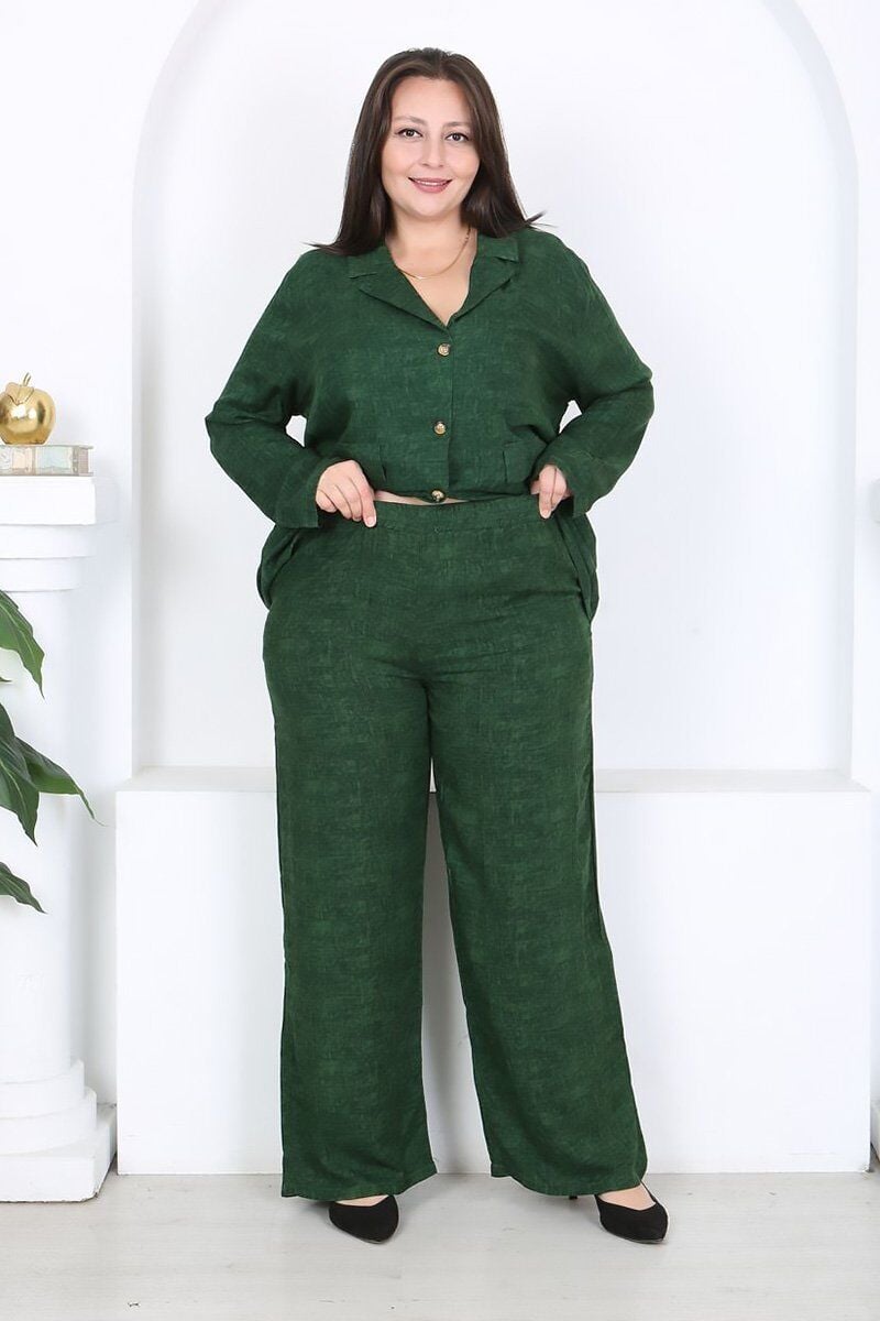 Büyük Beden Dokuma Viskon Ceket Pantolon Yeşil Takım