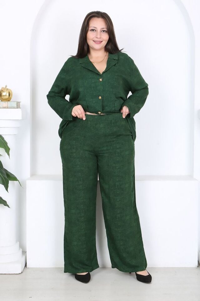 Büyük Beden Dokuma Viskon Ceket Pantolon Takım 46-56 Beden Arası Rahat Kalıp Yeşil Şık Kombin