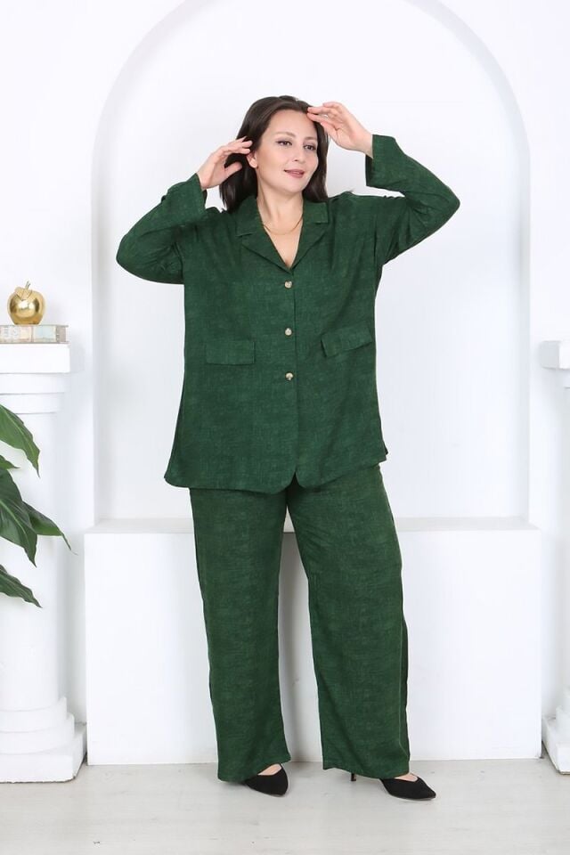 Büyük Beden Dokuma Viskon Ceket Pantolon Takım 46-56 Beden Arası Rahat Kalıp Yeşil Şık Kombin