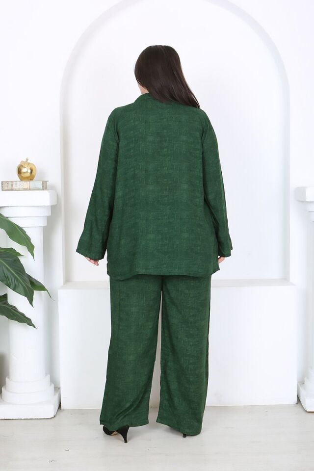 Büyük Beden Dokuma Viskon Ceket Pantolon Yeşil Takım