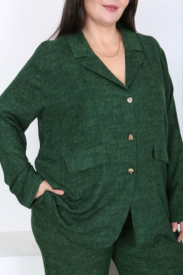 Büyük Beden Dokuma Viskon Ceket Pantolon Takım 46-56 Beden Arası Rahat Kalıp Yeşil Şık Kombin