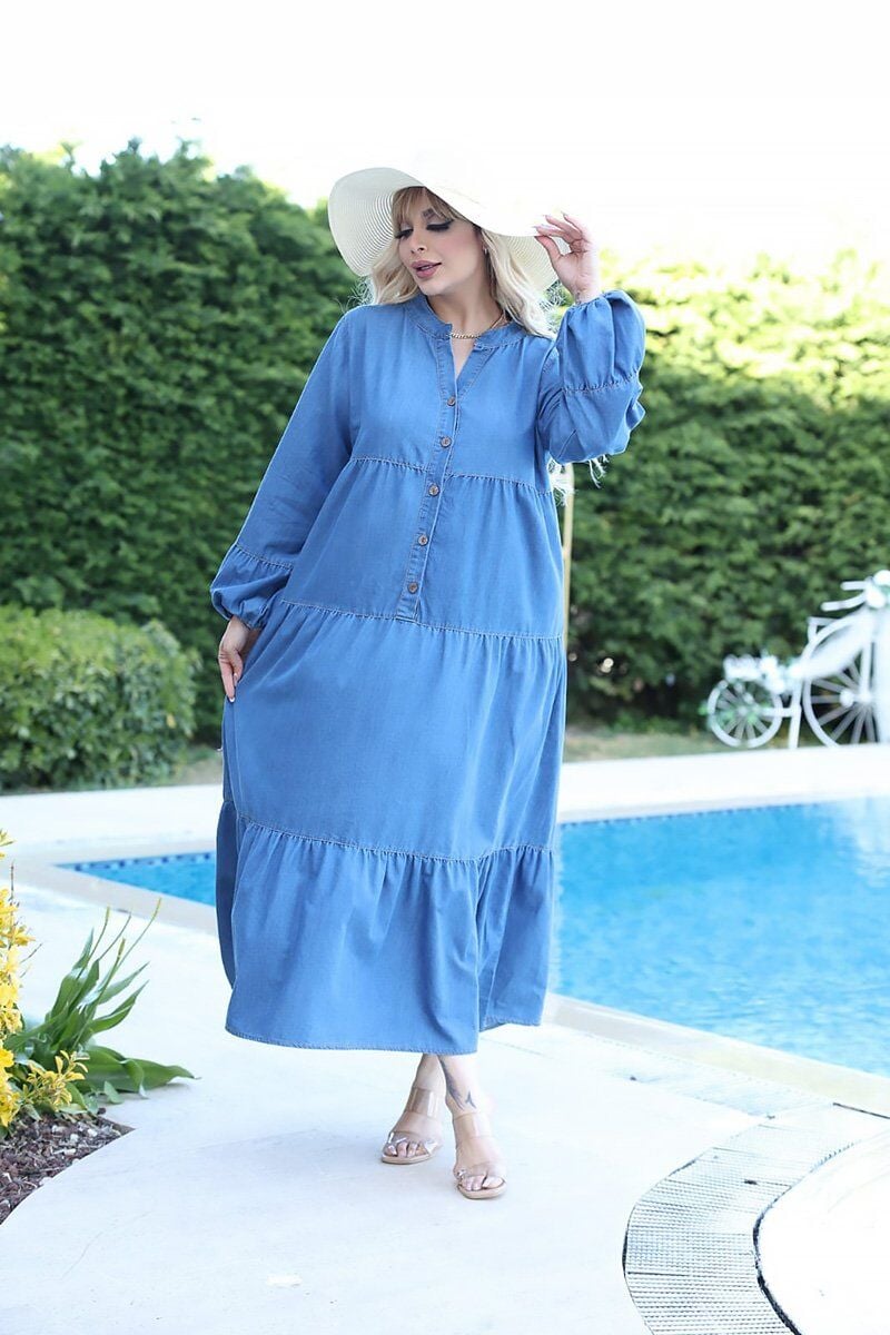 Büyük Beden Kot Elbise Ön Düğme Detaylı Uzun Kol Likrasız 46-56 Beden Günlük Şık