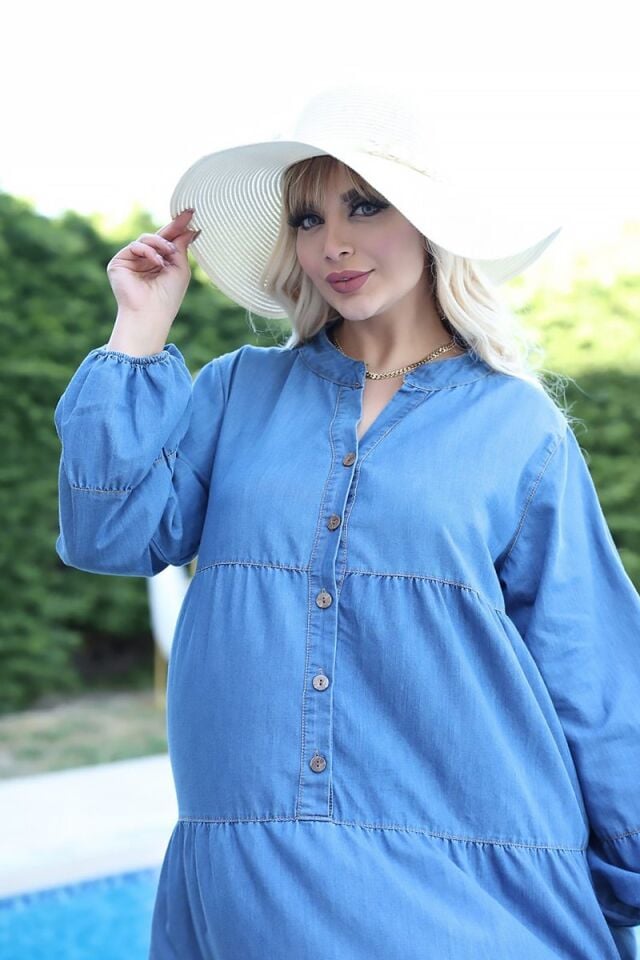 Büyük Beden Kot Elbise Ön Düğme Detaylı Uzun Kol Likrasız 46-56 Beden Günlük Şık