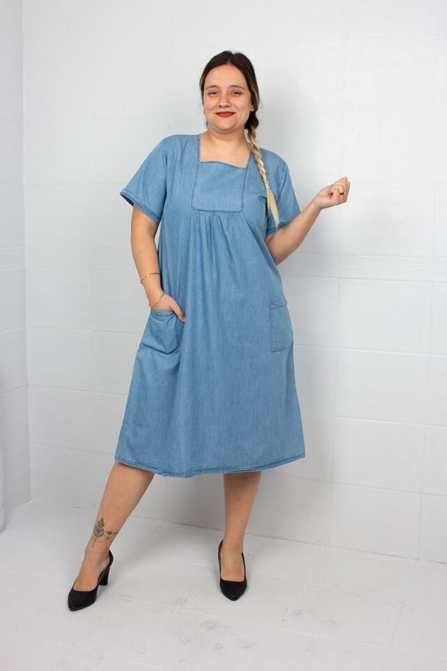 Kare Yaka Kot Elbise Beden Günlük Şık Denim Elbise