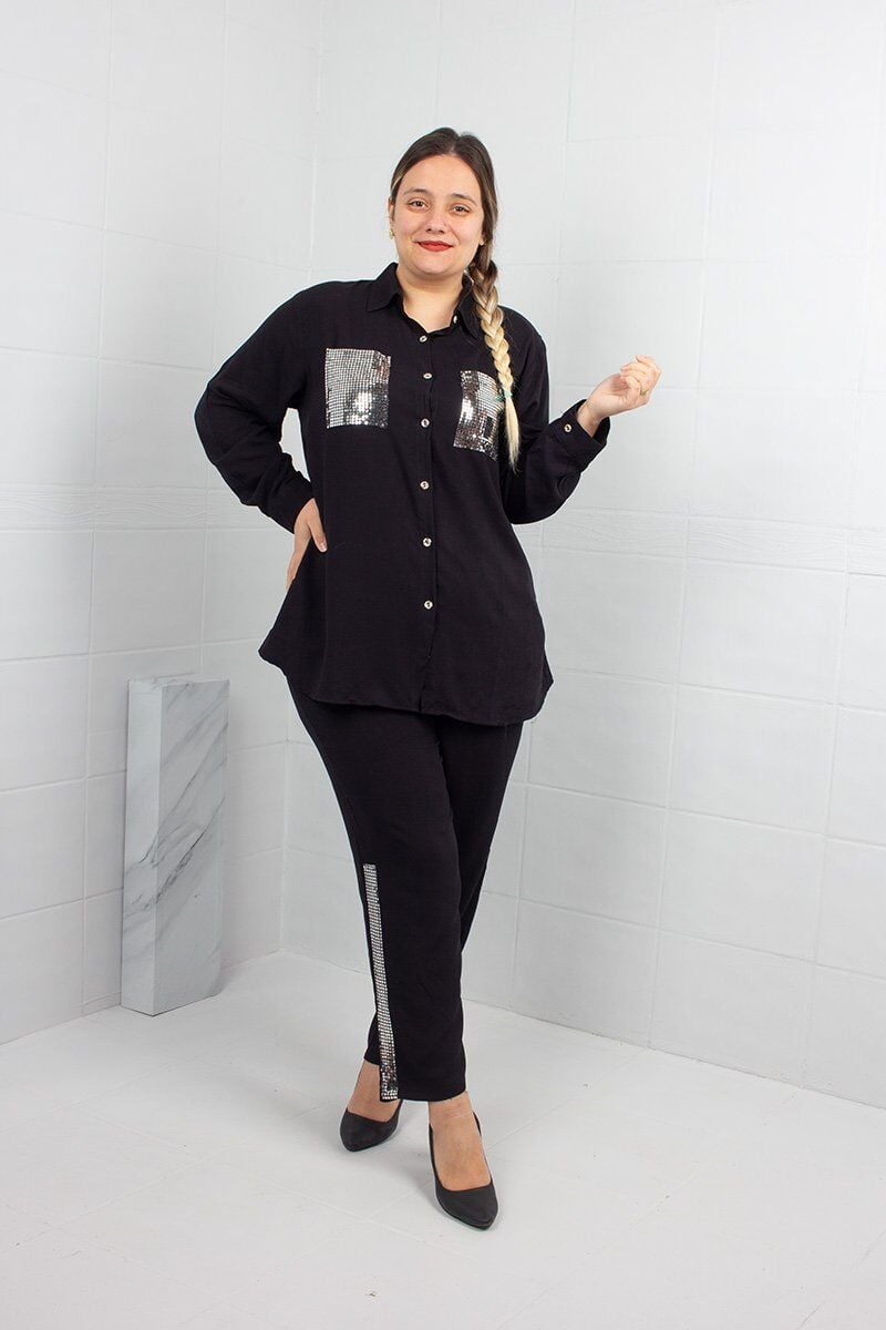 Siyah Pul İşlemeli Dokuma Viskon Gömlek Pantolon Takımı