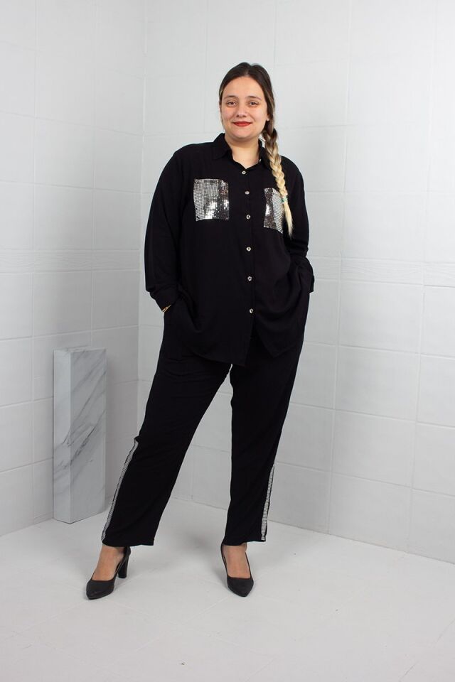 Siyah Pul İşlemeli Dokuma Viskon Gömlek Pantolon Takımı