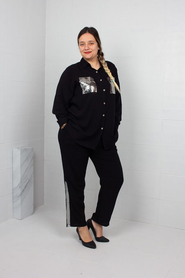 Siyah Pul İşlemeli Dokuma Viskon Gömlek Pantolon Takımı