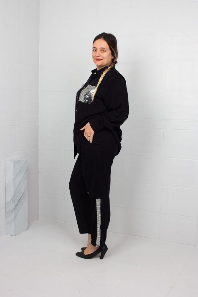 Siyah Pul İşlemeli Dokuma Viskon Gömlek Pantolon Takımı