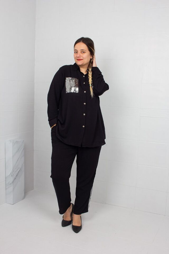 Siyah Pul İşlemeli Dokuma Viskon Gömlek Pantolon Takımı