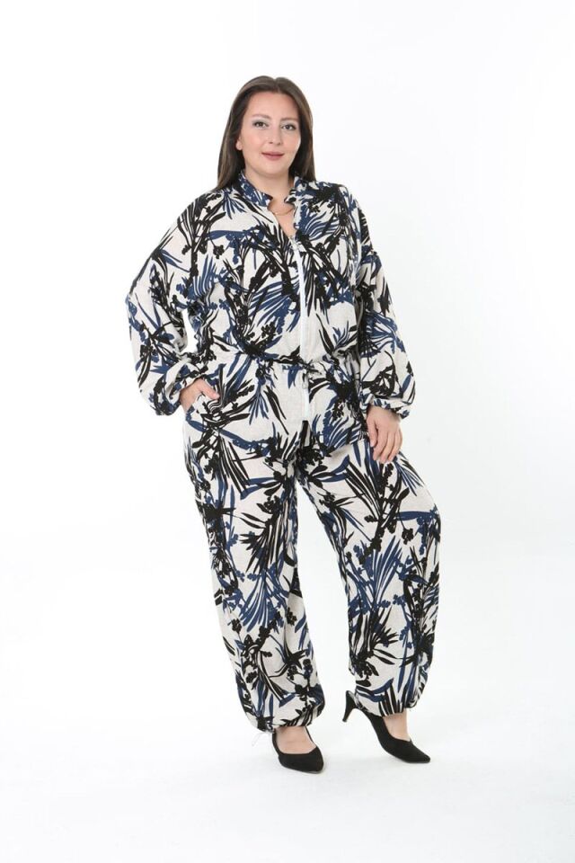 Mavi Yaprak Desenli Dokuma Kumaş Fermuarlı Takım