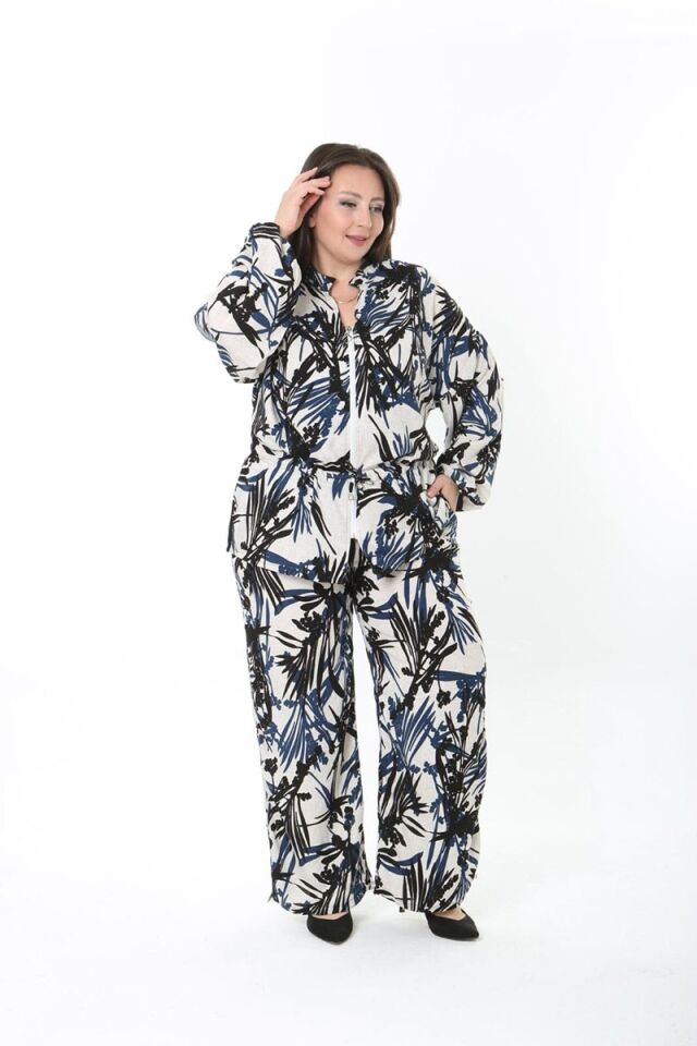 Mavi Yaprak Desenli Dokuma Kumaş Fermuarlı Takım