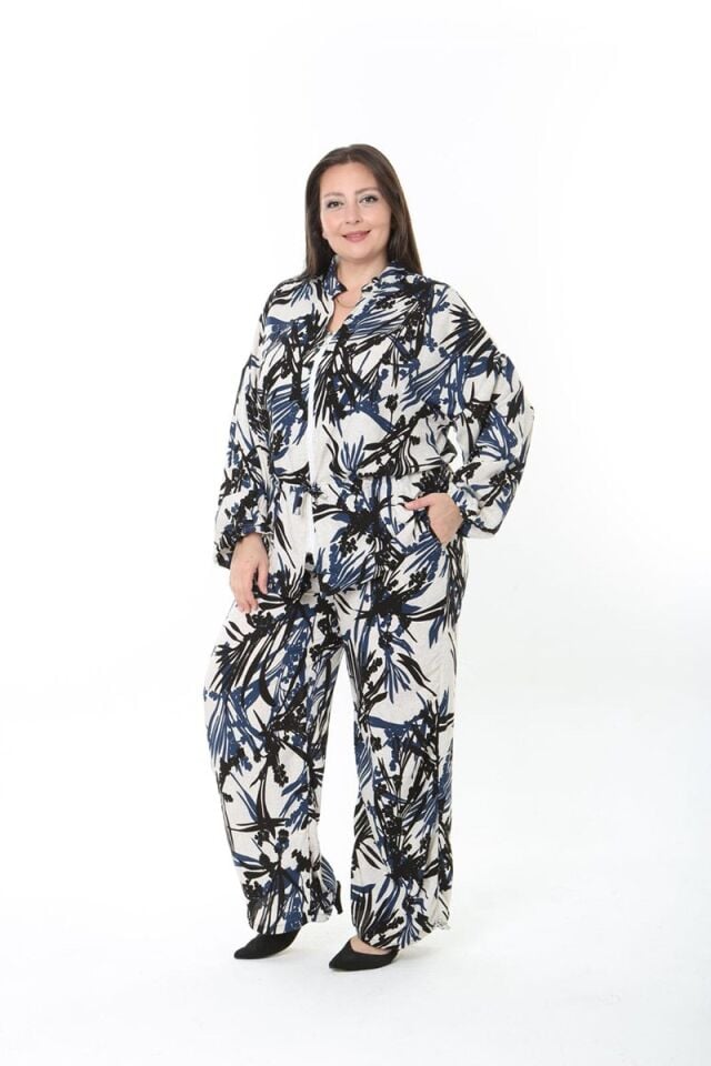 Mavi Yaprak Desenli Dokuma Kumaş Fermuarlı Takım