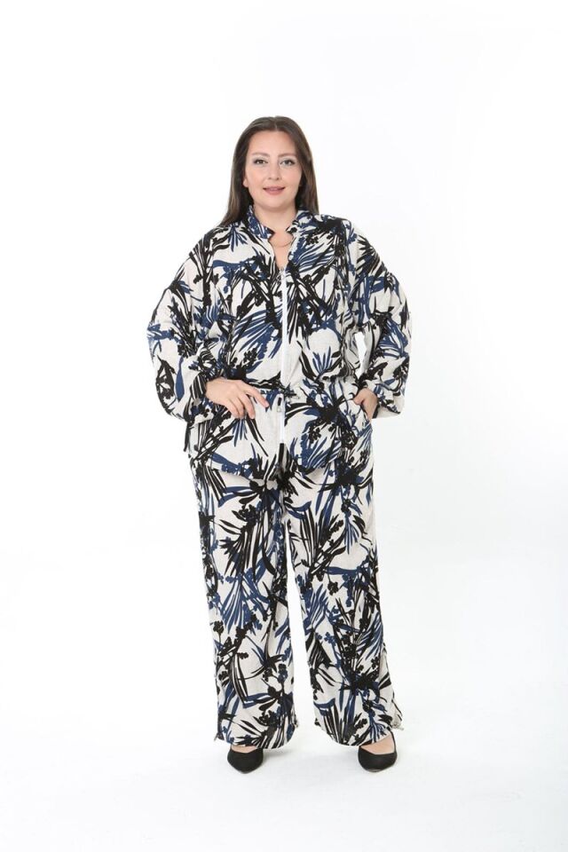 Mavi Yaprak Desenli Dokuma Kumaş Fermuarlı Takım