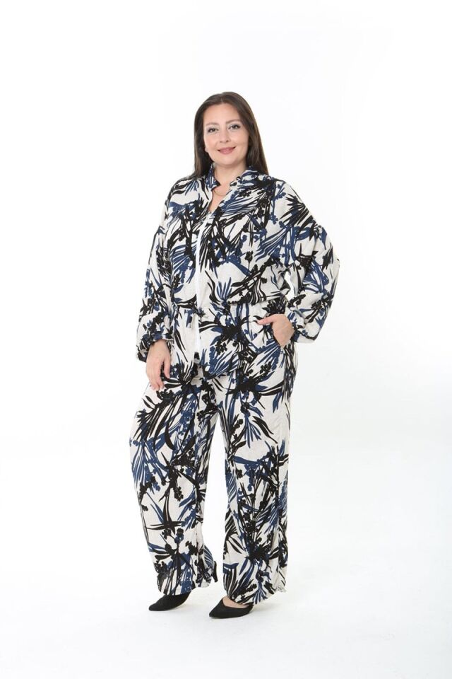 Mavi Yaprak Desenli Dokuma Kumaş Fermuarlı Takım