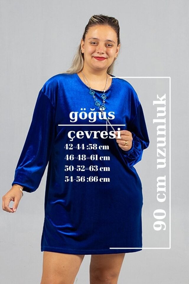 Maksimum Şıklık Kolyeli Büyük Beden Mavi Kadife Tunik