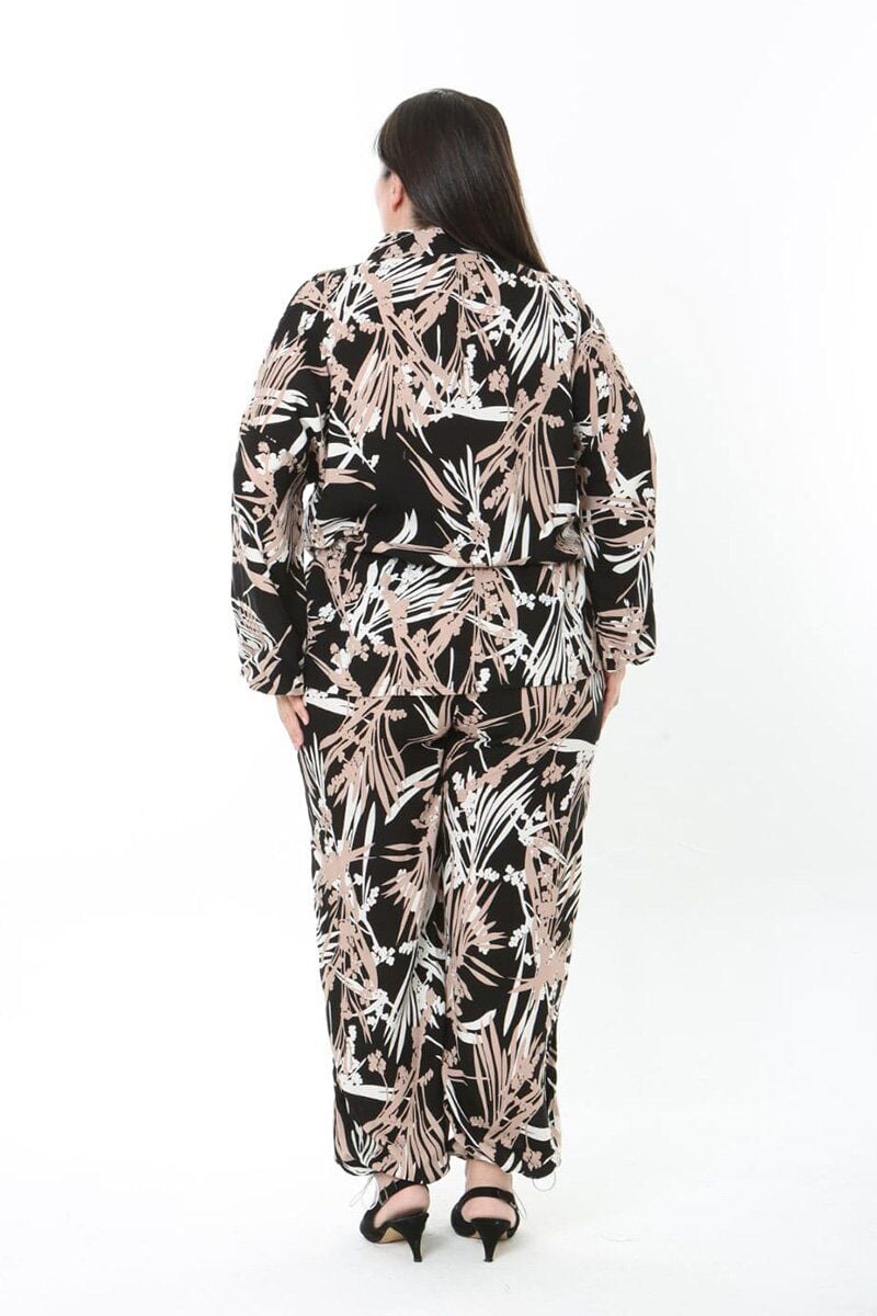 Kahverengi Yaprak Desenli Dokuma Kumaş Fermuarlı Takım